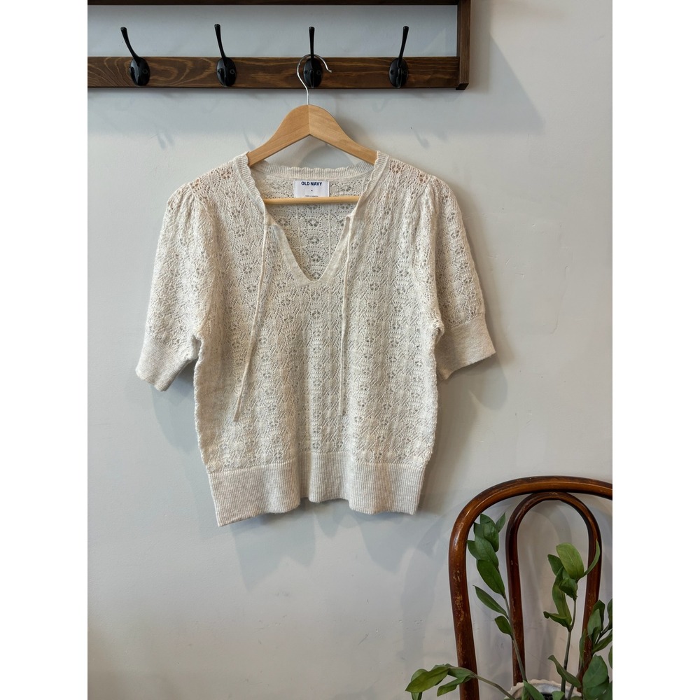 Old Navy Cream Pointelle Knit Wool Blend V-Neck Tie Puff Sleeve Sweater Top M